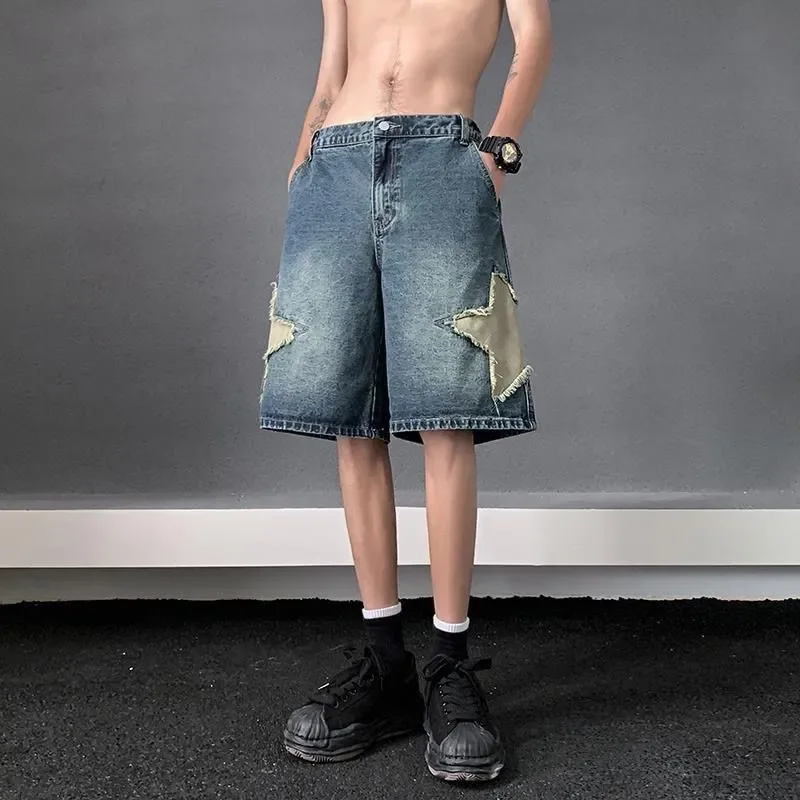 Picture 5: Fashionable Star Patch Designs Knee Pants Men's Clothing American Summer Vintage Distressed Loose Casual Straight Denim Pants