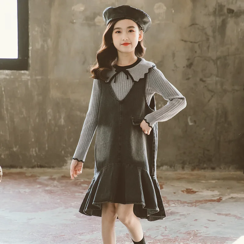 

2025 Korean Spring Autumn Children 2-Piece Sets Girl Lapel Sweater Knit Top+kid Irregular Suspender Skirt Sets For Girl 2 Pieces