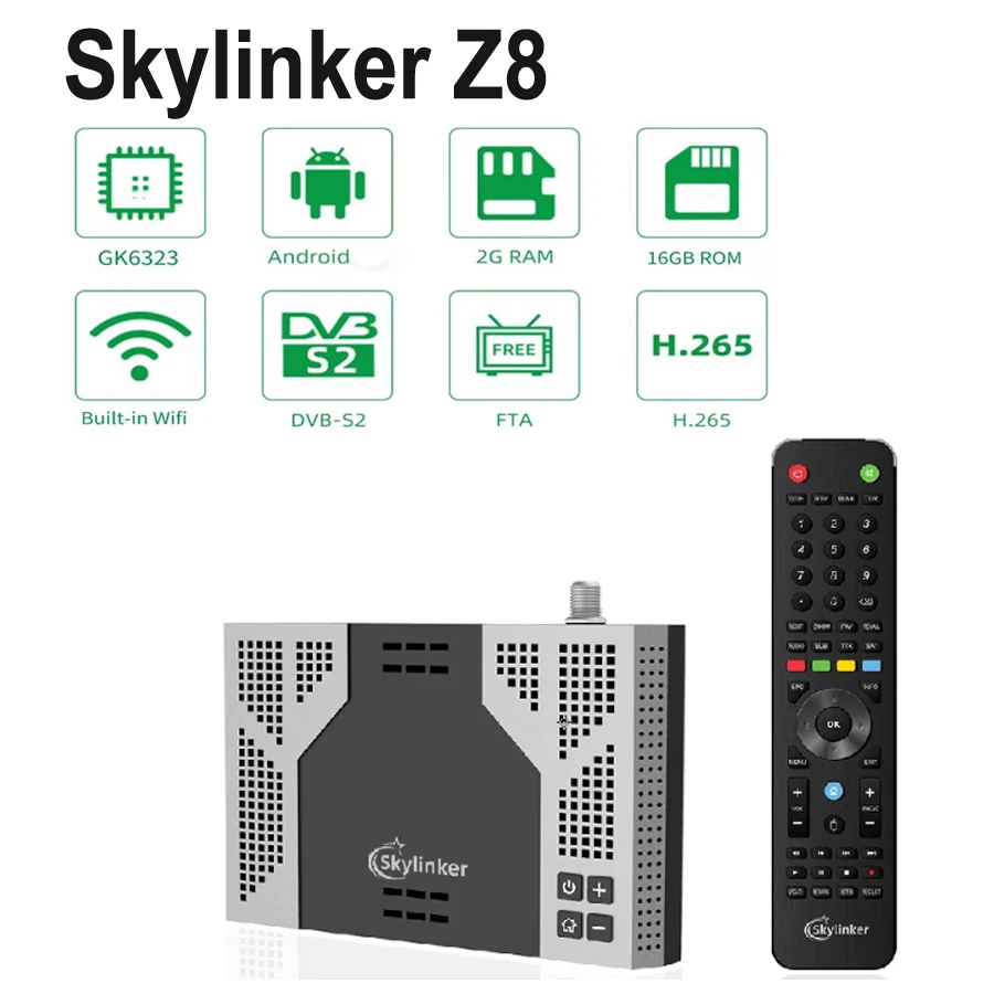 Skylinker Z8 Android OTT+H.265 DVB-S2 FTA مع H265 2+16GB Hybrid 4K DVB S2 جهاز استقبال الأقمار الصناعية فك التشفير
