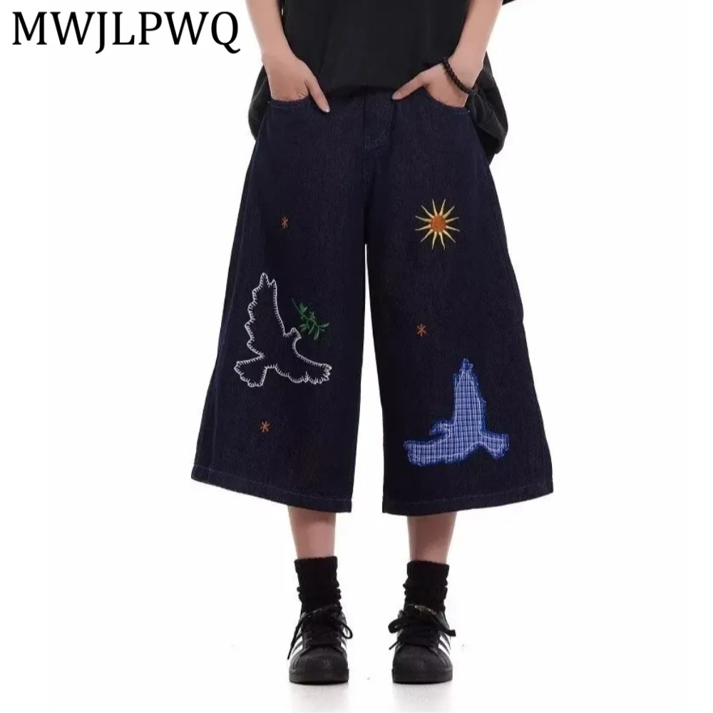 

Джинсовые шорты MWJLPWQ в американском ретро-стиле с вышивкой для мужчин и женщин, летние свободные повседневные брюки с широкими штанинами 14867