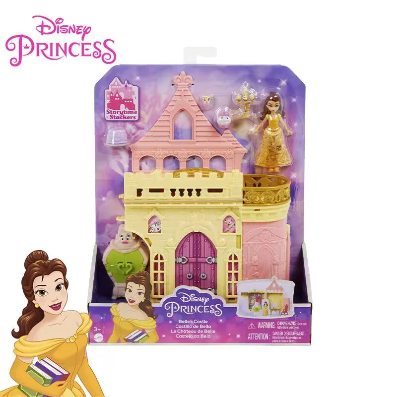 Disney Princess Mini Glitter Series Doll House Set para meninas, castelo empilhável Belle, Play House, brinquedos interativos, presentes de aniversário