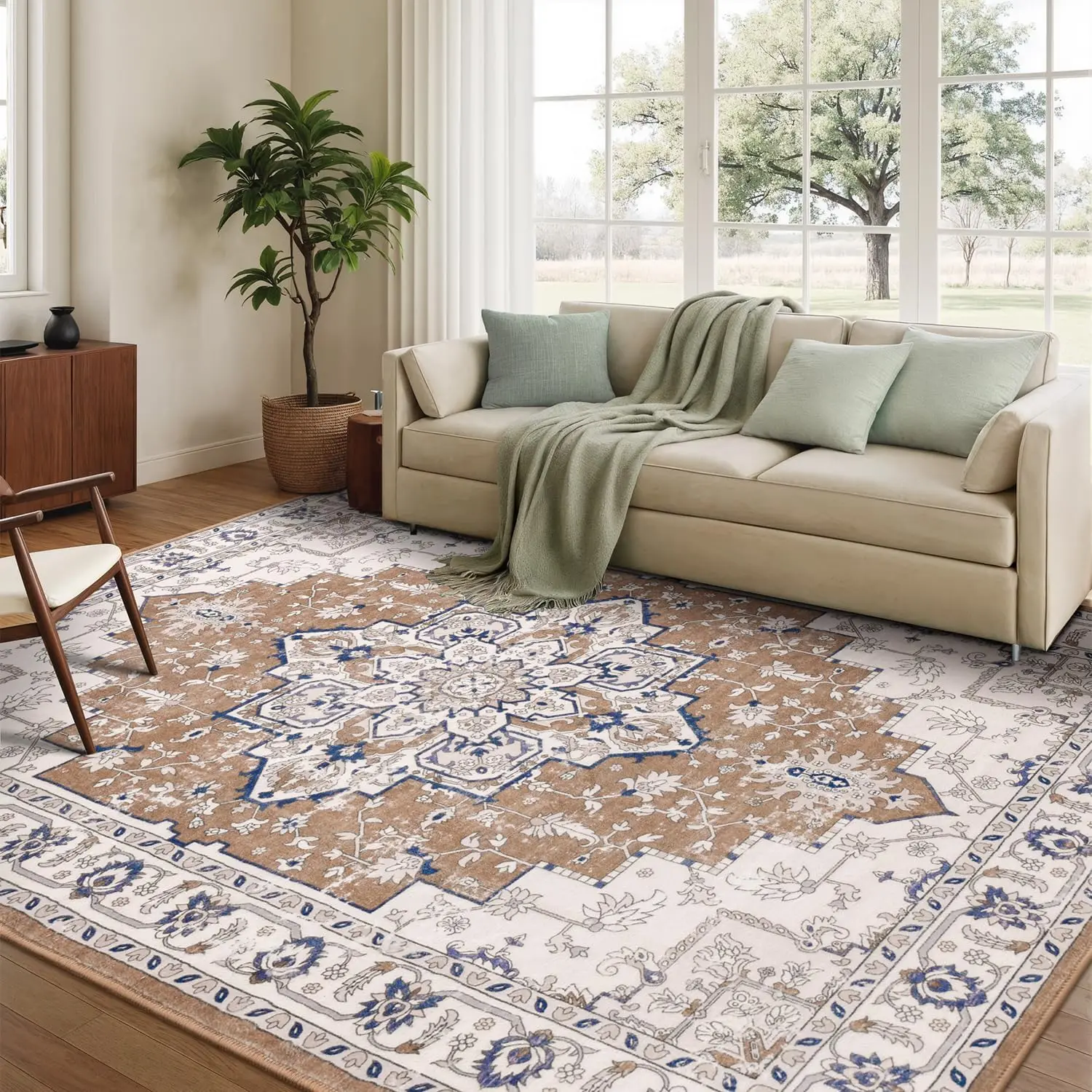 

5x7 Vintage Washable Non Slip Area Rug, Soft Foldable Carpet for Living Bedroom Dining, Brown/Beige