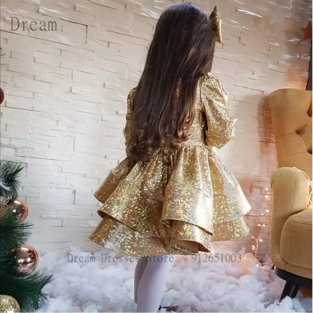 Glitter Gold Flower Girl Dresses with A Big Bow A Line Baby Christmas Dress 2023 New Summer Three Quarter Платья для девочек-цве