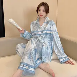 2024 Ins Advanced Sense Ink Painting Printed Ice Silk Pajamas Women's New Long-sleeved Home Suit Can Be Worn Pajama Sets