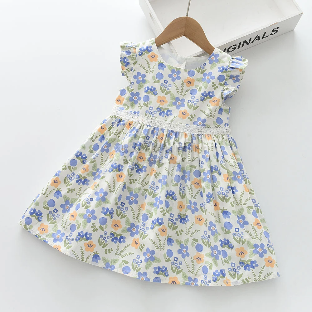 Europe and America Girls Princess Dresses Summer Lace Waist Floral Flying Sleeve Dress Kids Clothes