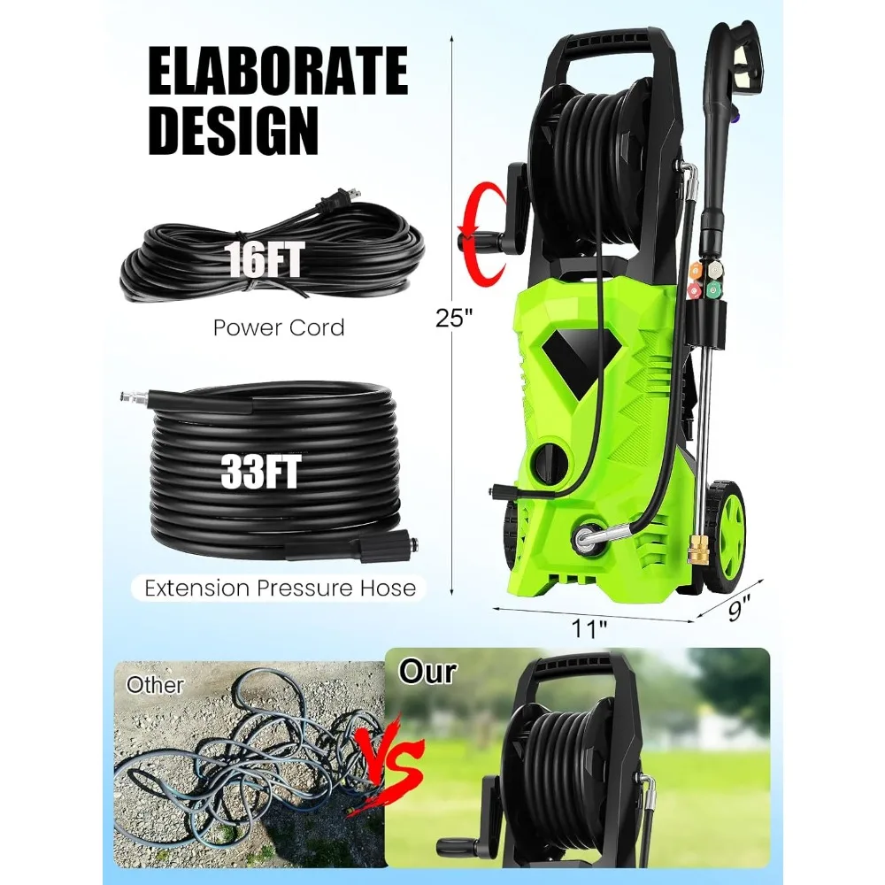 고압 세척기 - 2025년 신형 파워 클리너 업그레이드된 33피트 고압 세척기 호스 릴, 폼 캐논, 4개 노즐 세트, 파워