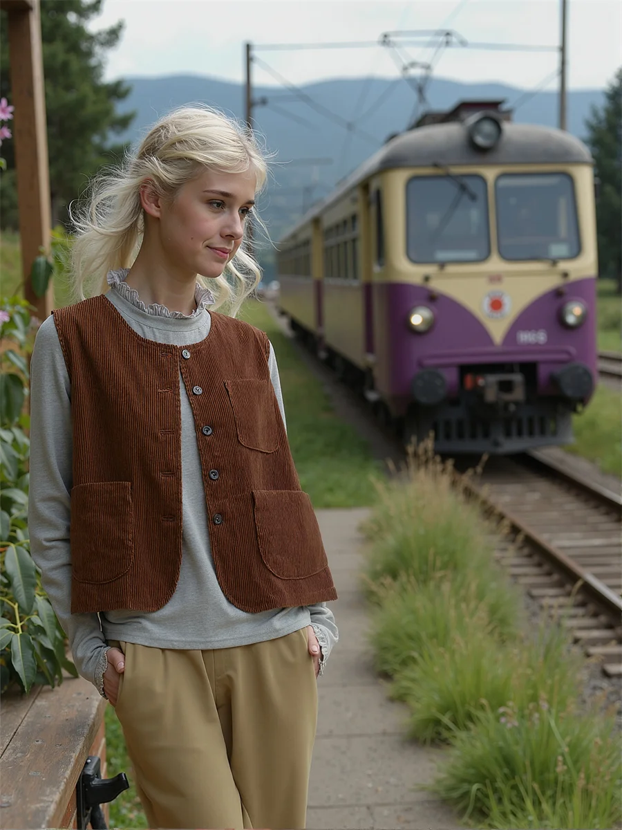 

Retro O-Neck Buttoned Vests For Woman Summer Waistcoats Clothes Women Spring Lightweight Belted Baggy School Students Sweet Slim