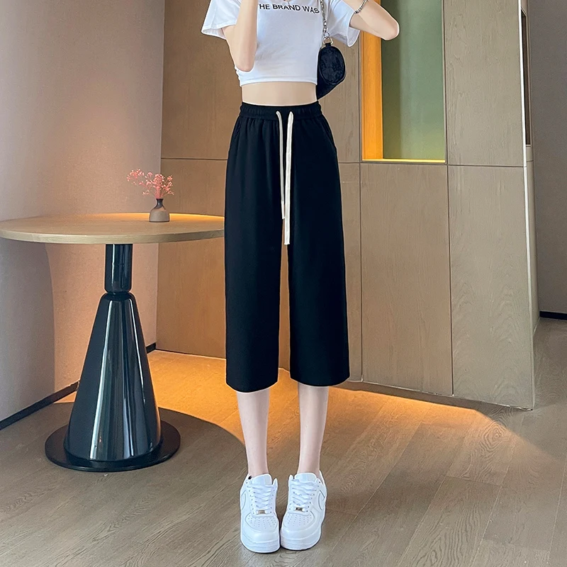 Women Capris Traf Straight Loose Wide Leg Short Pants High Waisted Casual Sweatpants Solid Trousers Y2K Summer Korean Fashion