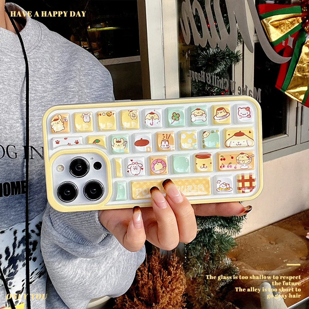 

Cartoon Cute Pom Pom Purin Keyboard Phone Case for iPhone 16 Pro Max iPhone 15 Pro 14 13 12 11 Creative 3D Phone Cover
