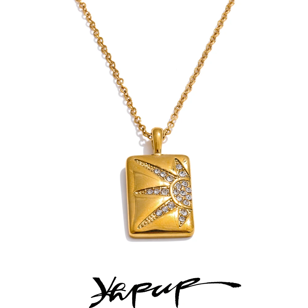 Yhpup Hot Style Cubic Zirconia Rectangle the Sun Charm Cast Pendant Necklace 18K Golden PVD Plated Collar Jewelry Wholesale Gift