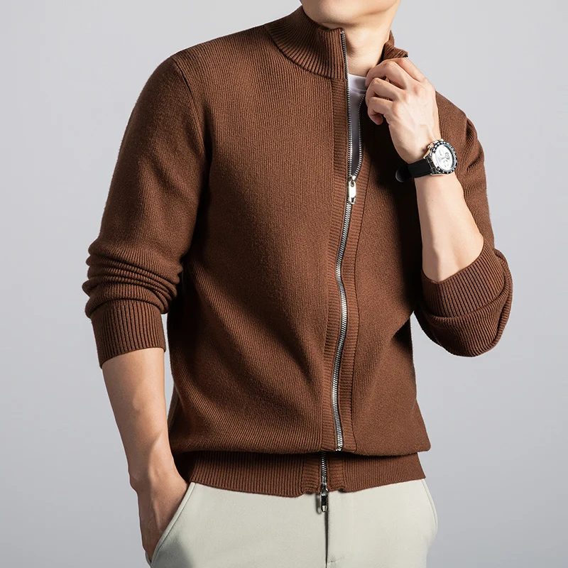 남성 트렌디 스웨터 가디건 2025 가을 더블 지퍼 니트 코트 남성 슬림 핏 가디건 스탠드 칼라 니트 아우터웨어 긴 소매