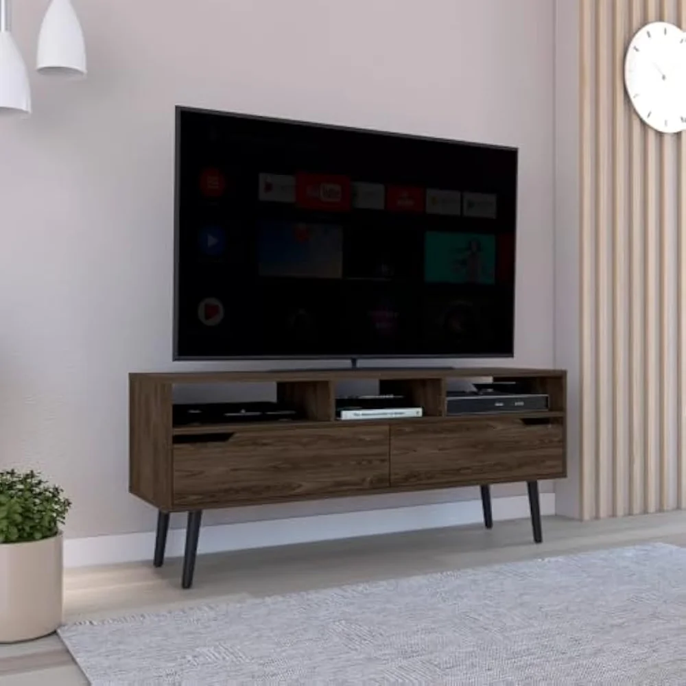 

60 Inch TV Stand Modern: Dark Walnut Particle Board Entertainment Center - Three Open Shelves & Two Flexible Drawers Z