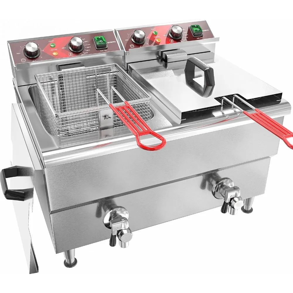 Commercial Fryer Stainless Steel Electric Deep Fryer with Oil Filtration and Timer 24L Large Capacity Dual Tank Fryer