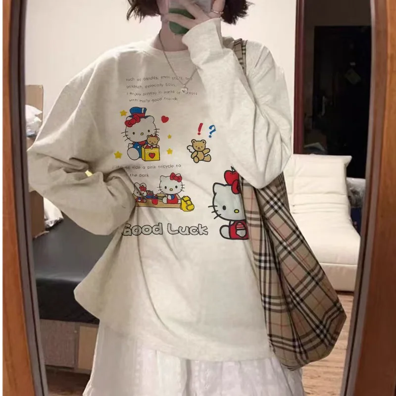 سانريو مرحبا كيتي الشباب المرأة تي شيرت Kawaii الكرتون الخريف والشتاء موضة ملابس امرأة طويلة الأكمام تيز القمم Newstyle #4