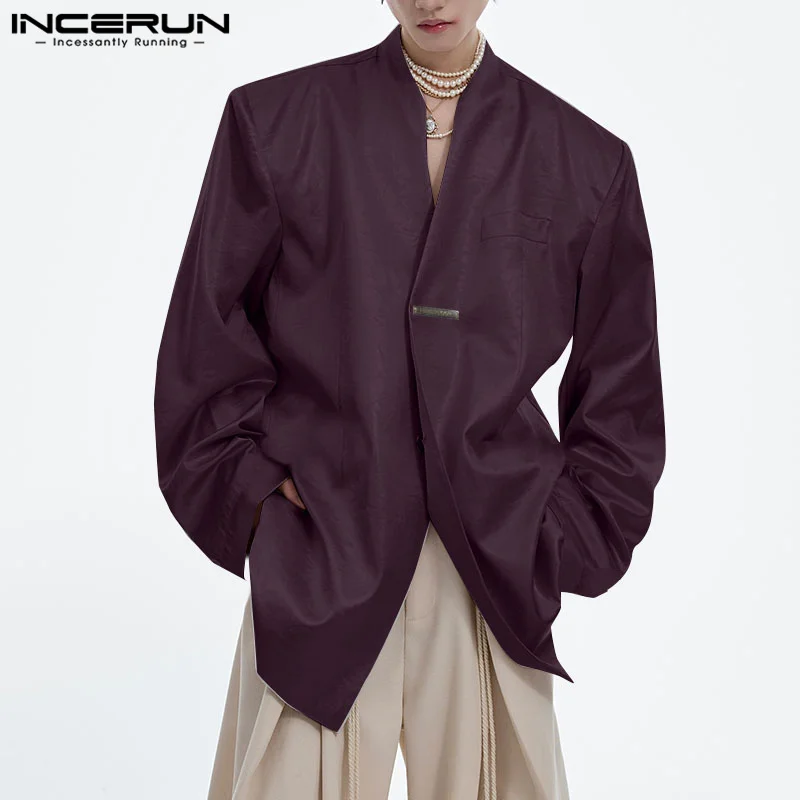 INCERUN Men Blazer Solid Color V Neck Long Sleeve Button Casual Male Suits Streetwear 2024 Loose Fashion Thin Coats Men S-5XL