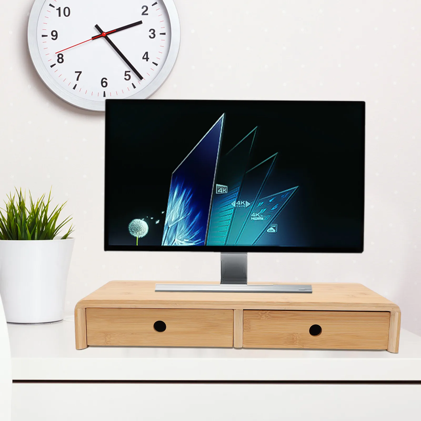 1Pcs Desktop Monitor Stand Dual-Drawer Storage Rack Small Space-Saving Bamboo Shelf for Home Office Computer Screen Heightening