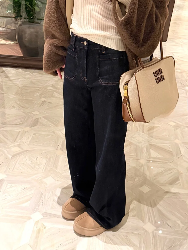 

Thickened Velvet Weaving Craft Vintage Original Color Deep Blue Straight Leg Denim Pants Versatile Comfortable Casual Jeans