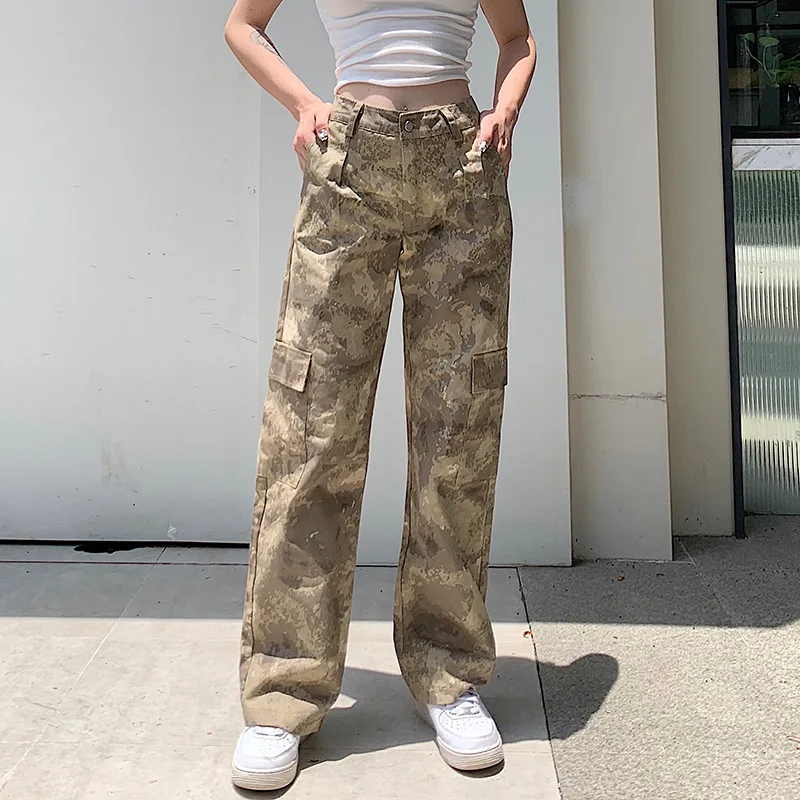 

Summer Womens Camouflage High Waist Straight Pants Casual Loose All-Match Streetwear Cargo Pants Trousers Female Fashion Outfits