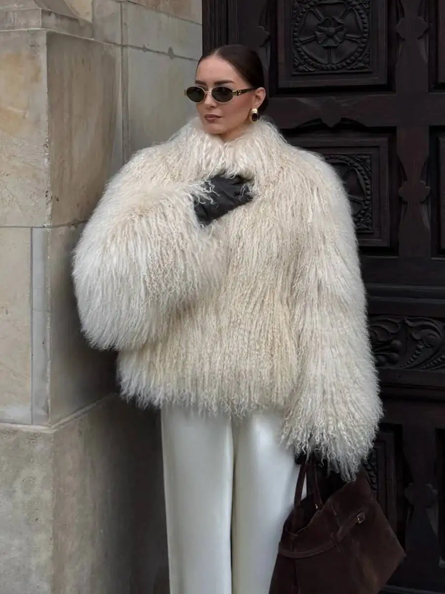 Laur Women 2026 Stand Collar Shaggy Curly Mongolian Sheep Fur Cropped Coat Puffy Sleeve Fluffy Warm Vintage Luxury Winter Coat