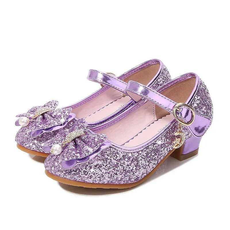 

Luxury Children Girl Dance Glitter Shoes Fashion Princess Bowknot Leather Shoes Sequins Kids High Heels Wedding Party Dress Shoe