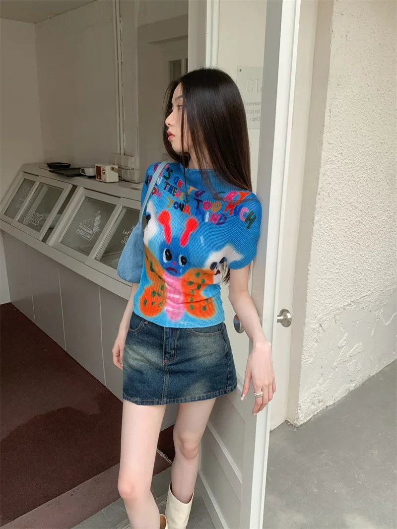 CHEERART Cyber Y2k Style Pleats Short Graphic T Shirts For Women Letter Print Tees Crew Neck Blue Summer Top Aesthetic Clothes