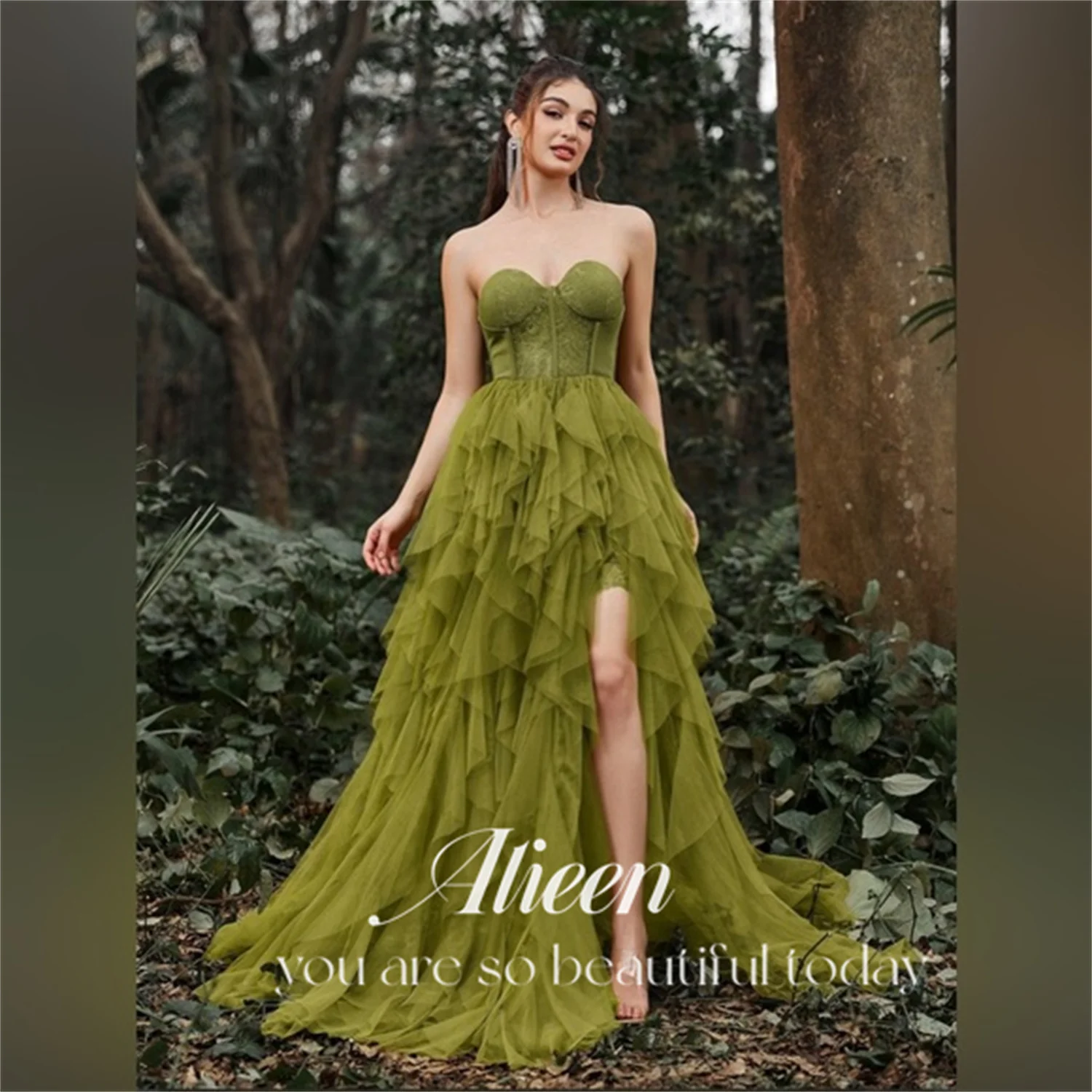 Sweetheart Side Slit Olive Green Multi-layer Off the Shoulders Chubby Elegant Party Dresses for Wedding Night Evening customized