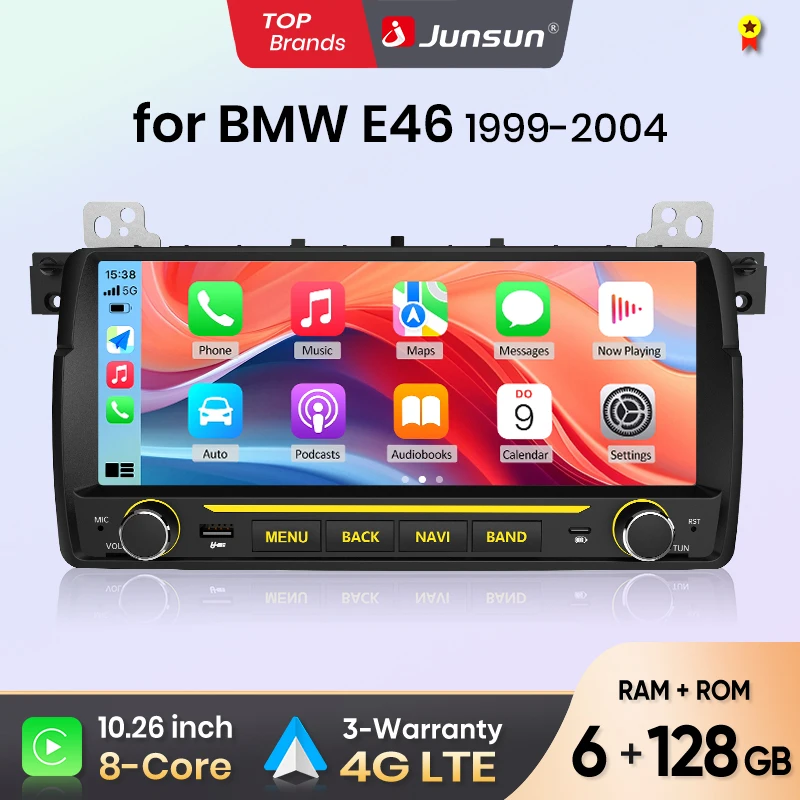 Junsun 10,26" bezprzewodowe radio samochodowe z funkcją CarPlay i Android Auto do BMW E46 M3 318 320 325 330 335, system multimedialny z bezprzewodowym Apple CarPlay, inteligentne systemy, ekran