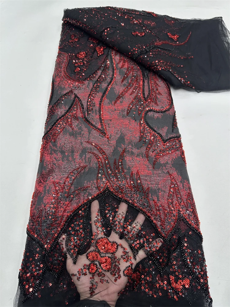 ผ้าลูกไม้ลวดลายแบบแอฟริกันล่าสุด ปี 2025 ผ้าลูกไม้ตาข่ายปักเลื่อมฝรั่งเศสหรูหรา ประดับด้วยลูกปัดทำมือคุณภาพสูงสำหรับชุดแต่งงาน