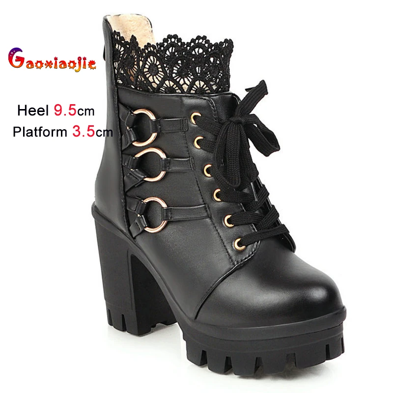 

Женские короткие сапоги на грубом каблуке в британском стиле 2025 г., модные однотонные ботинки из сетчатой ткани на шнуровке, теплая хлопковая обувь на высоком каблуке