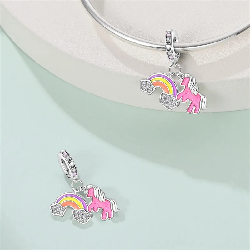 925 Sterling Silver Colorful Unicorn Two Piece Set Charms Pendant Fit Original Bracelet DIY Women Fashion Birthday Jewelry Gifts