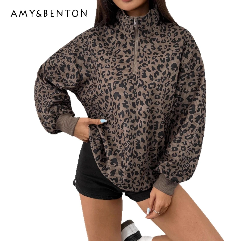 

Женская толстовка на молнии в европейско-американском стиле, весна 2026, новая, повседневная, сексуальная, с леопардовым принтом, вельветовая, свободная, универсальная
