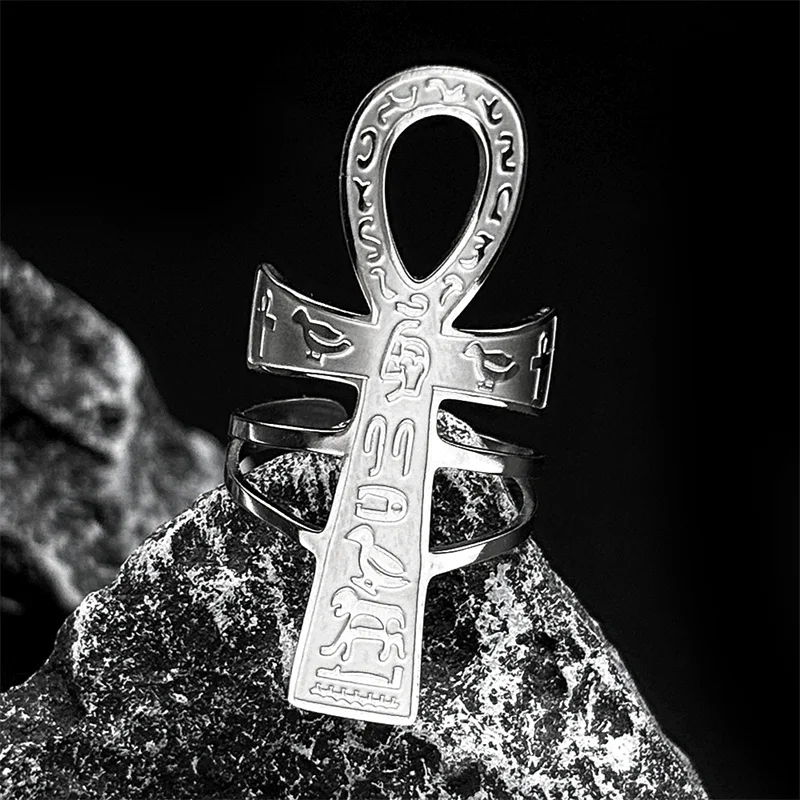 Egyptian Ankh Cross Key Of Life Adjustable Open Rings for Women Men Stainless Steel Mythology Animal Rune Finger Ring Jewelry