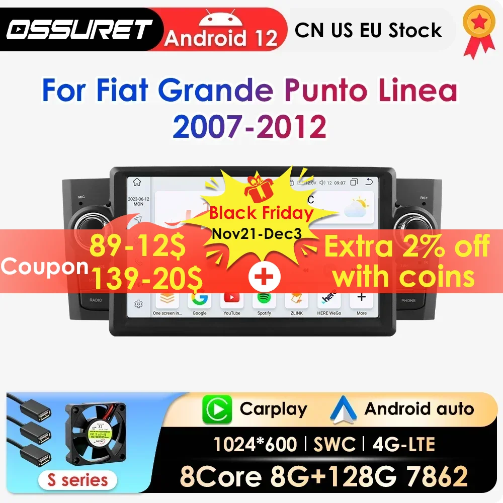 Carplay Android 12 Car Radio For FIAT Grande Punto Linea 2007-2012 Multimedia Video Player Navigation stereo GPS Octa Core 7862