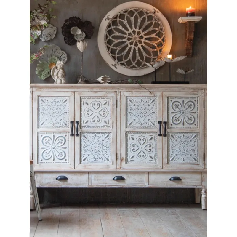 American French retro medieval door shoe  dining side cabinet rural white entrance cabinet bohemian home