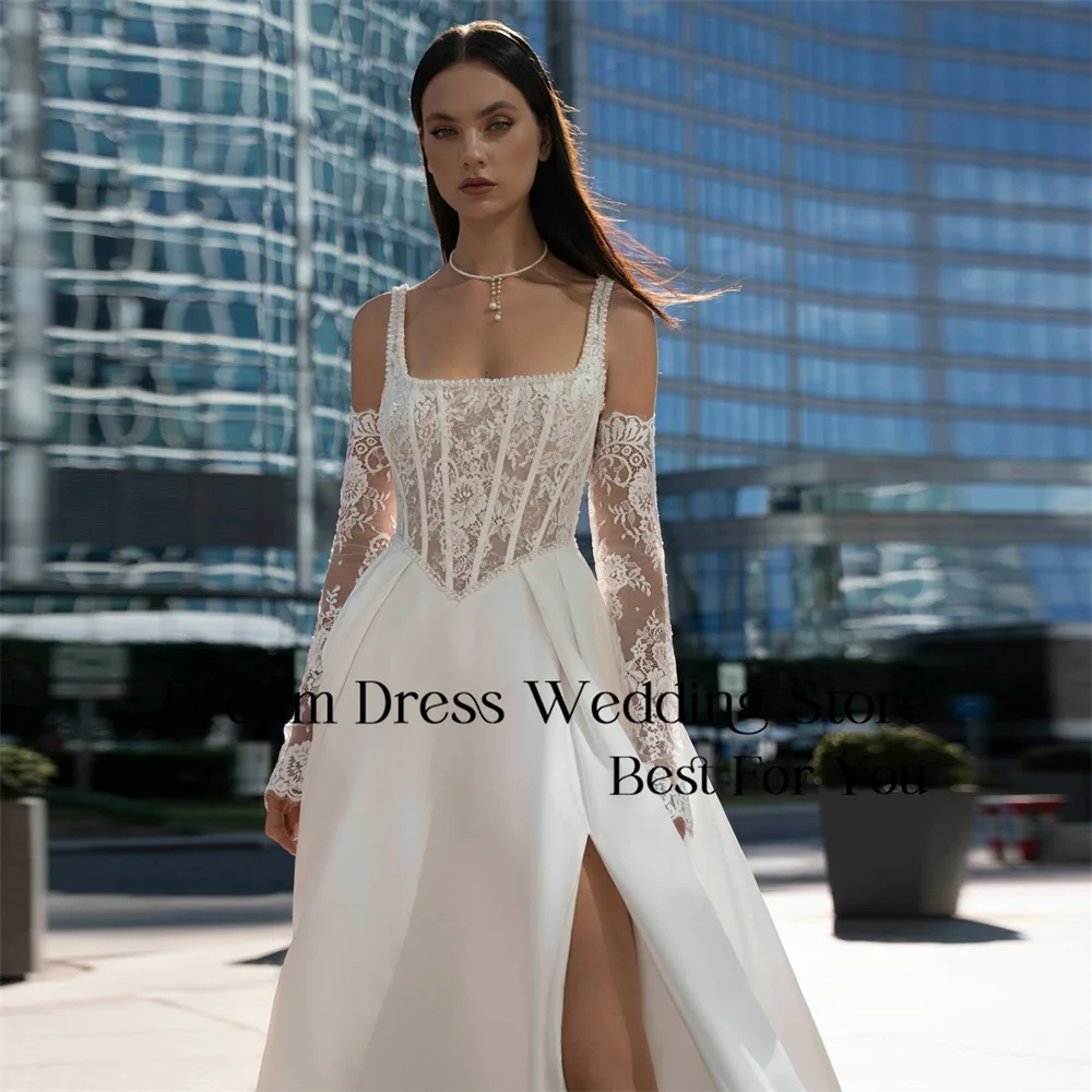 DREAM Modern A-Line Lace Wedding Dress 2025 Square Collar Spaghetti Straps Split Pleat Bridal Gown Vestidos De Noiva Customized