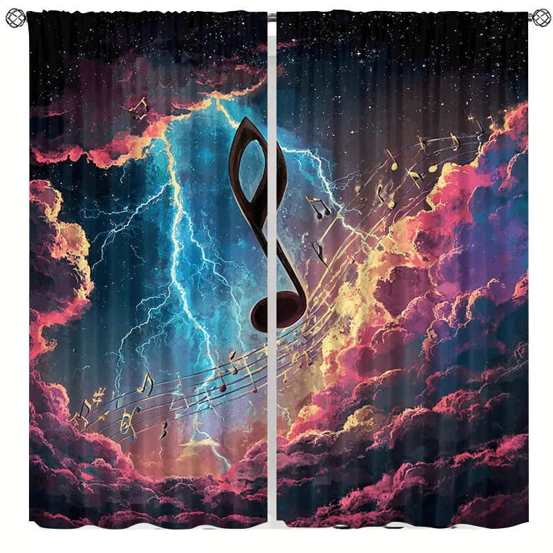 Decorative Galaxy Nebula Curtains Thunder Storm Music Notes Cosmic Window Drapes Abstract Backdrop Panel for Modern Living Room