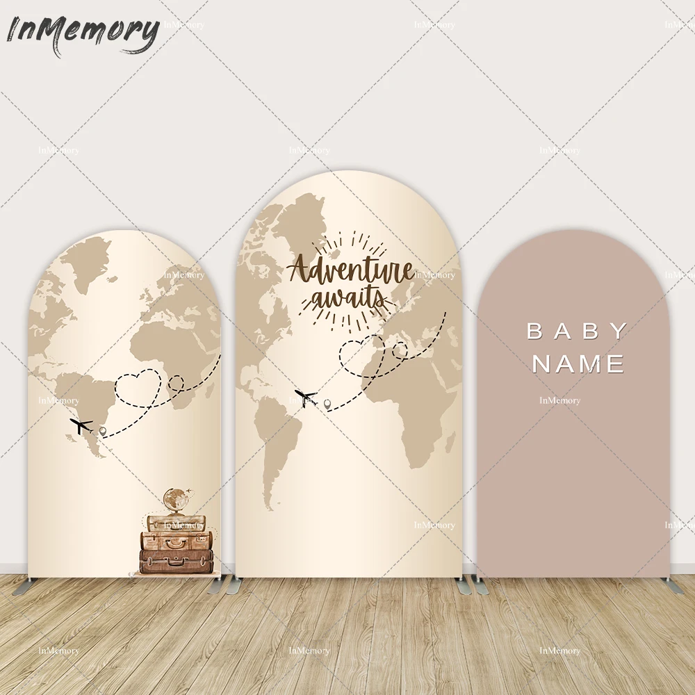 

Custom Arched Wall Background Adventure Travel World Suitcase Airplane Birthday Party Arch Backdrop For Photo Studio Photobooth