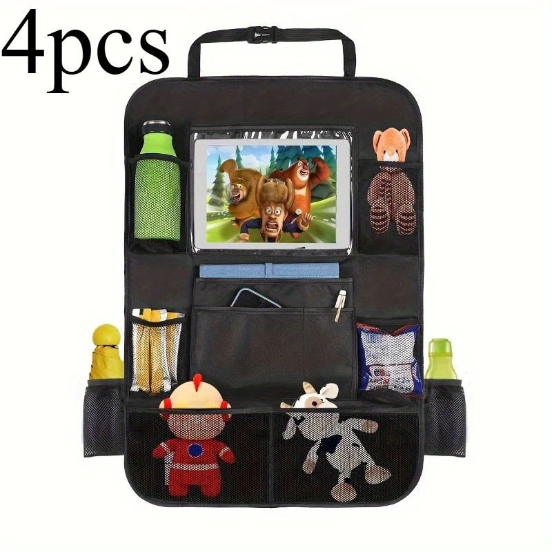 

4pcs Waterproof Durable Car Seat Organizer With Clear Screen Tablet Holder, 12 Storage Pockets Seat Back Protectors