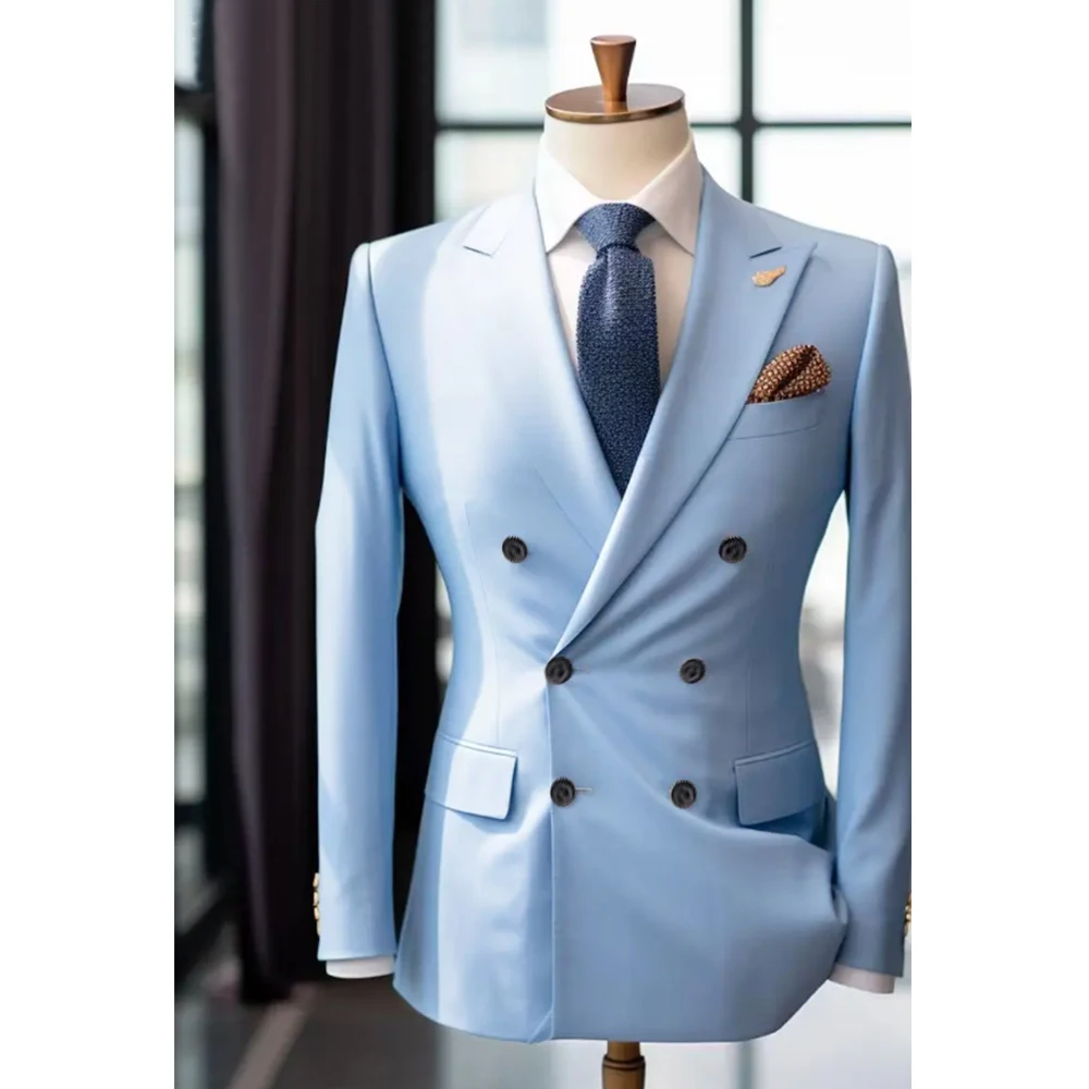 Sky Blue Men\'s Suits Double Breasted Notch Lapel 2 Piece Jacket Pants Costume Homme Formal Wedding Business Slim Fit Blazer Set