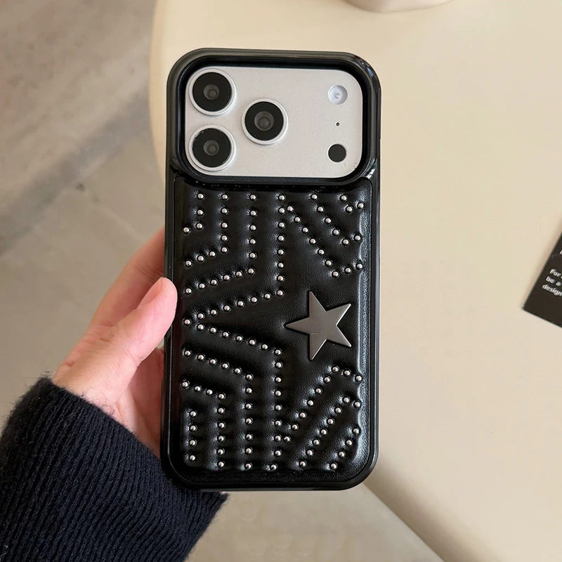 Ins Cool Black Punk Nieten Stern PU-Leder Handyhülle für iPhone 13 14 15 16 17 Pro Max Stoßfeste Rückabdeckung