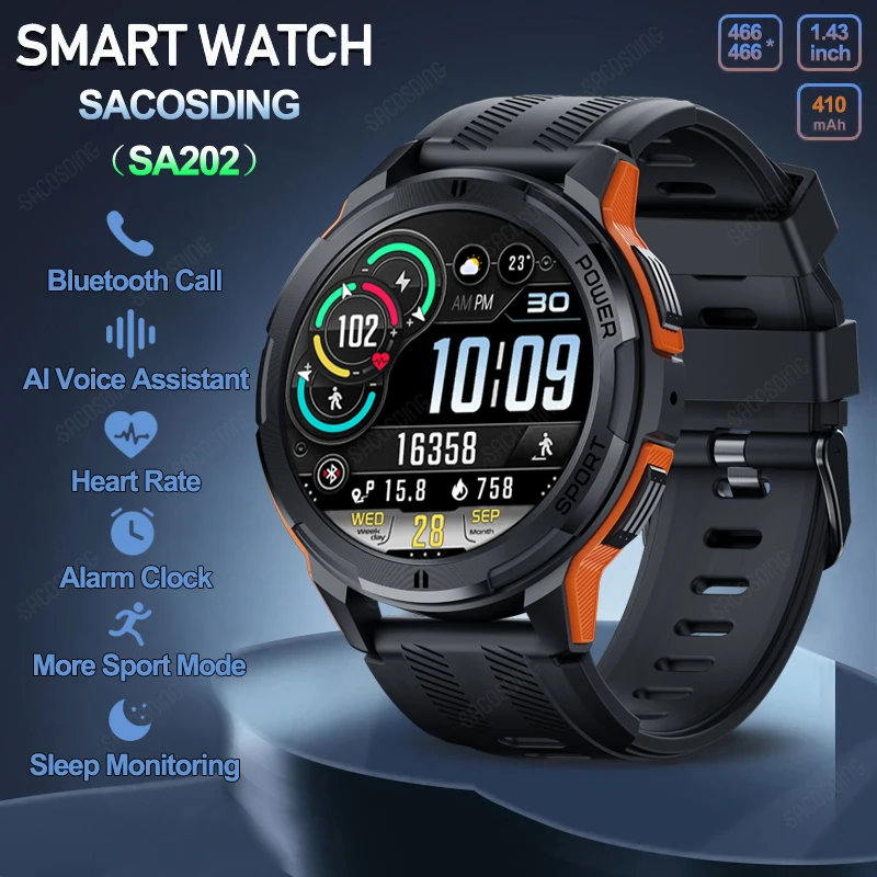 

SACOSDING SA202 Military Smart Watch Men 1ATM Waterproof Sports Watch Bluetooth Call 466*466 AMOLED Always On Display Smartwatch