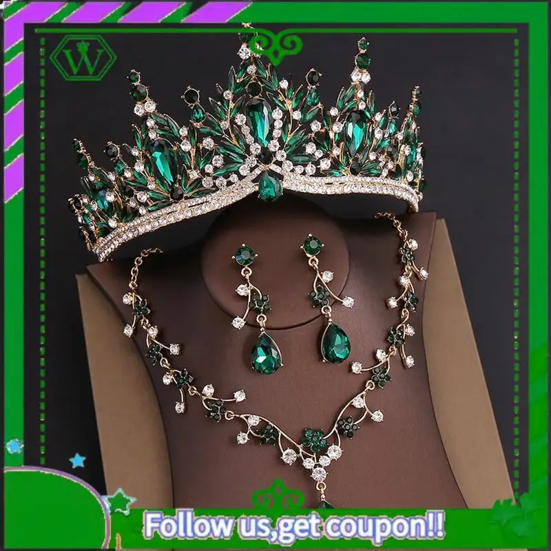

Latest-Baroque Wedding Crown For Bride 3-Pack Tiara Earrings Jewelry Set Champagne Crystal Birthday Gift