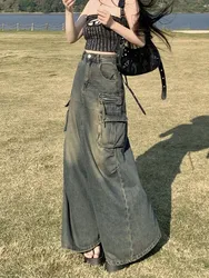 GUUZYUVIZ Retro High Waist Pocket Cargo Jeans Skirts Women Y2k Streetwear Gray Back Split Denim Long Skirt