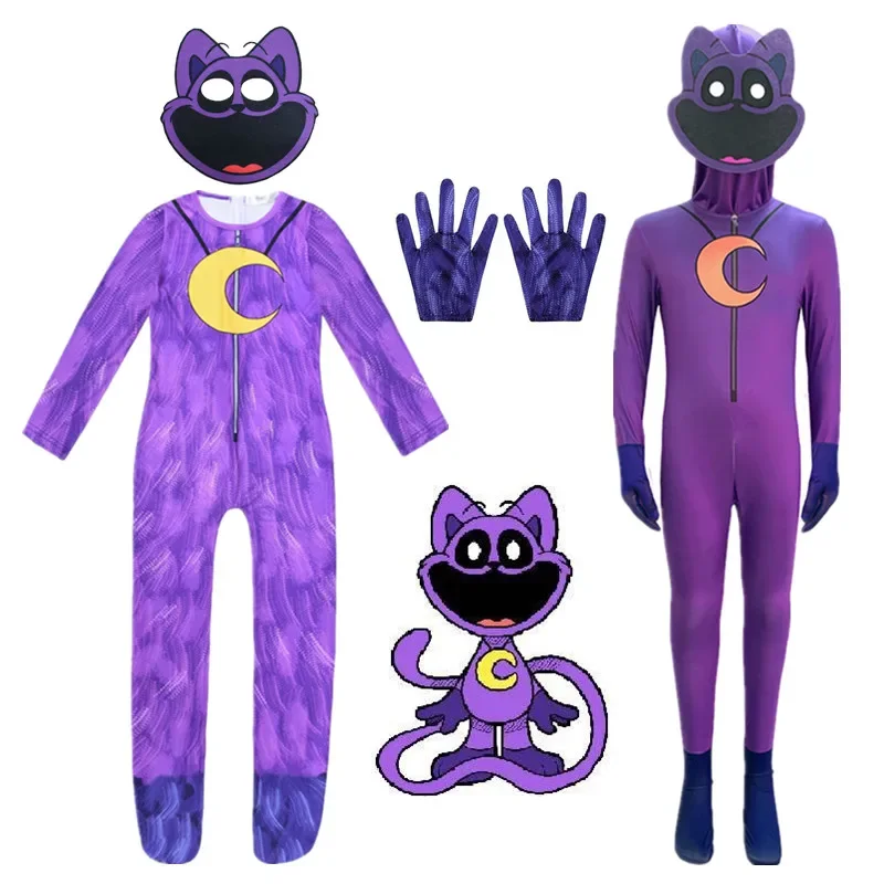 Smiling Critters Cat Cosplay Costume Aminal Smiling Critters purple cat Catnap Bodysuit Jumpsuit Boys Girls Halloween Costume