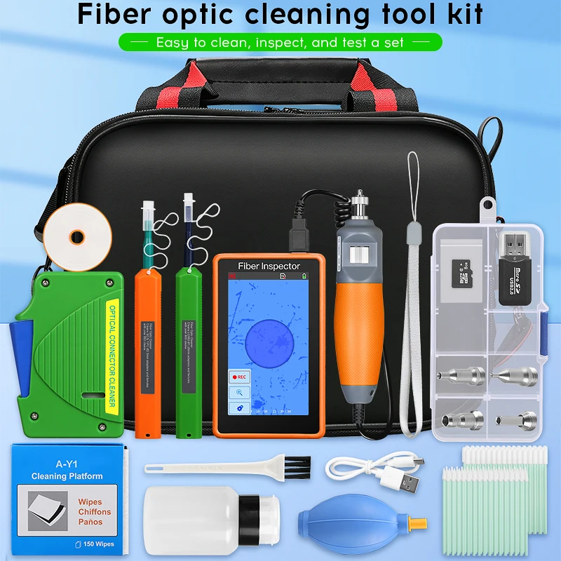 

Fiber Optic Cleaner Tool Kit With AUA-600 Fiber End Face Detector 400X Inspection Fiber Cleaning Box 2.5MM/1.25MM Cleaning Pen