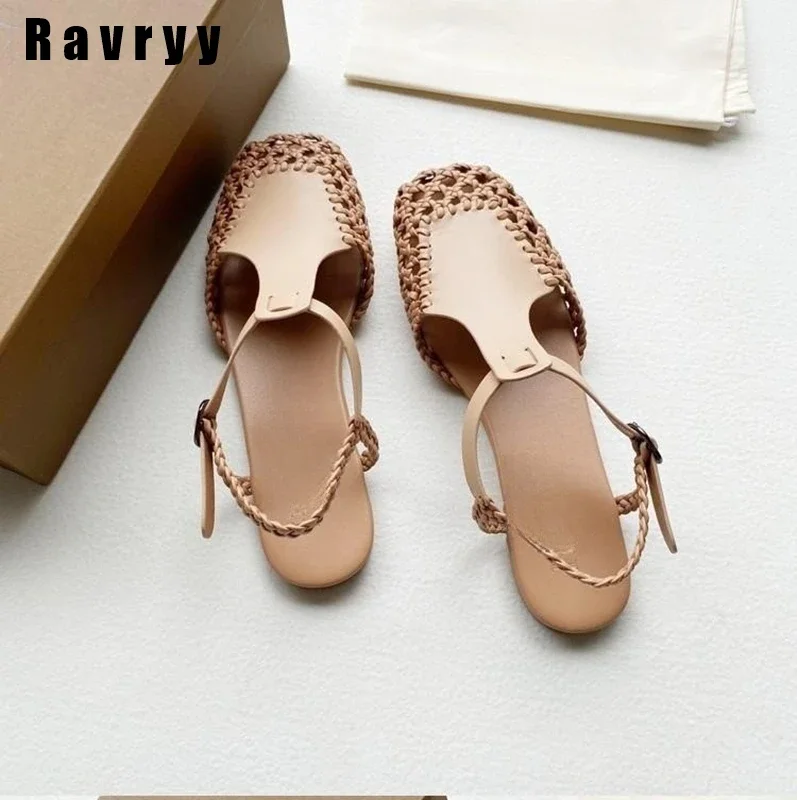 Leather Retro Mary Jane Braided Fisherman Shoes 2023 New Summer Fashion Hollow Roman Shoes Square Toe Breathable Buckle Sandals
