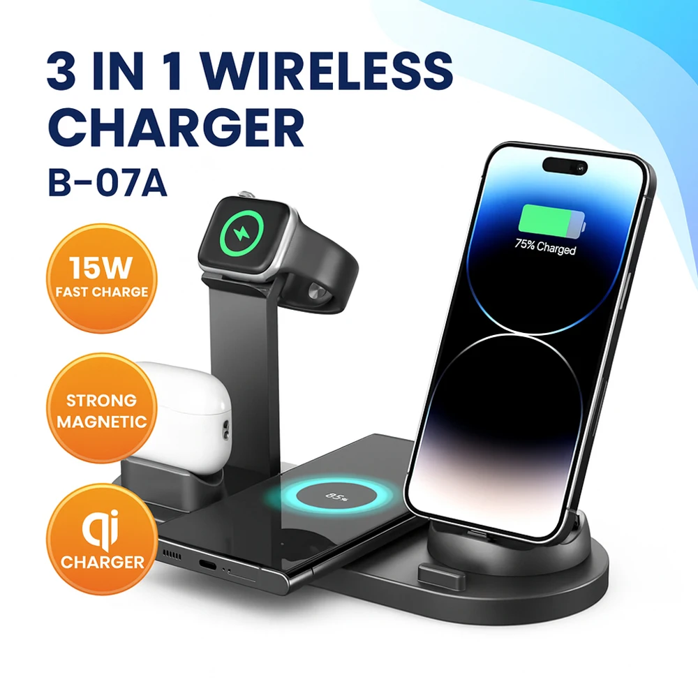 

Док-станция для беспроводного зарядного устройства 15 Вт 4 в 1 для iPhone Samsung AirPods iWatch, подставка для быстрой зарядки BXD-07A