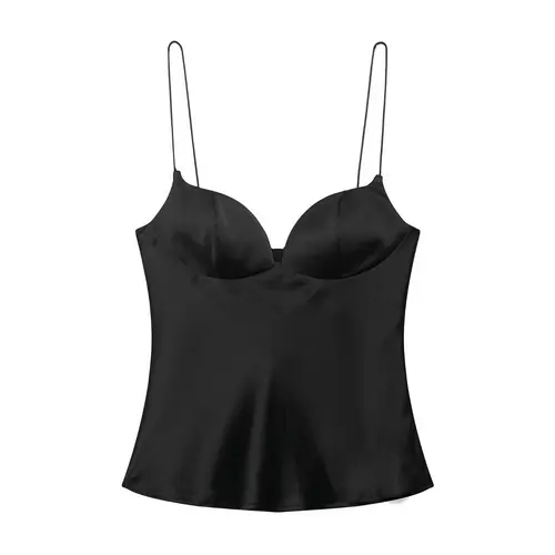 Imagen 2 del producto Otoño satén texturizado negro Sling Tops mujeres elegante cuello pico espalda descubierta Tops camisa mujeres Sexy Tops Club fiesta tanques 2025 nuevo