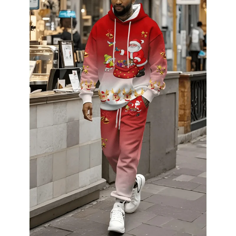 

Рождественские мужские толстовки с капюшоном, костюм с 3D принтом Санта-Клауса, мужские и женские брюки, спортивный костюм, комплект, новогодняя вечеринка, повседневный пуловер, одежда унисекс