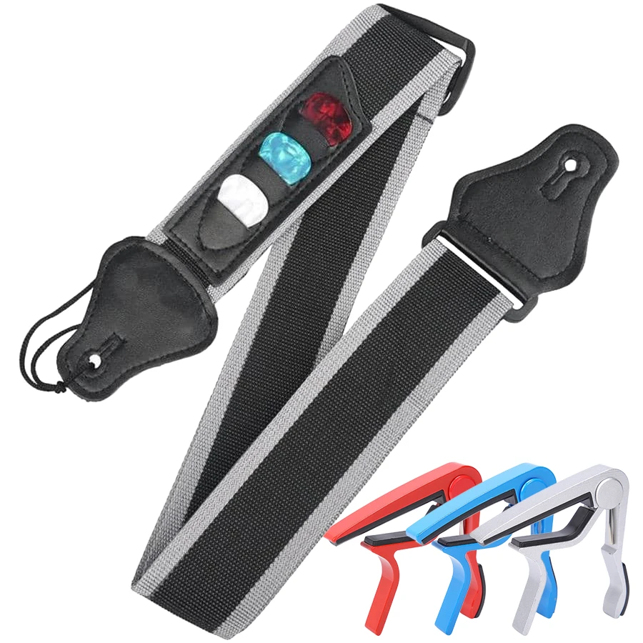1 zestaw 100 cm + szare paski gitarowe z 3 szt. SLL Pick ze stopu aluminium Capo gitara Ukulele akcesoria do instrumentów strunowych basowych